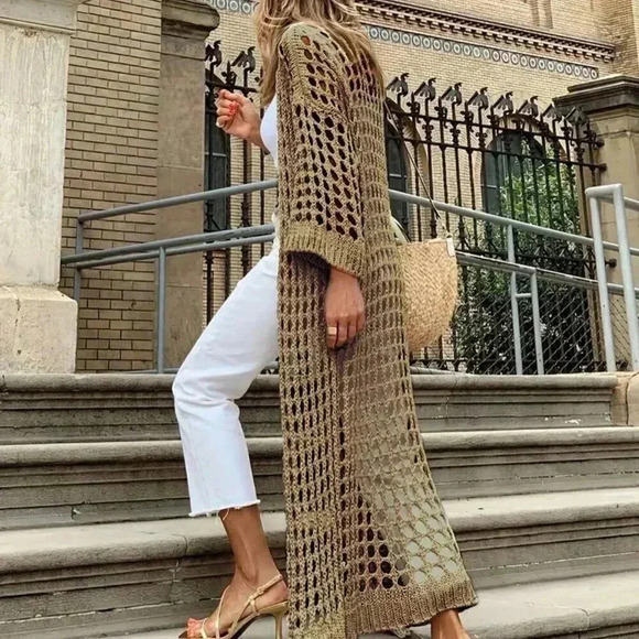 Sweaters - Brown Casual Women's Solid Color Holiday Matching Hollow Out Long Cardigan